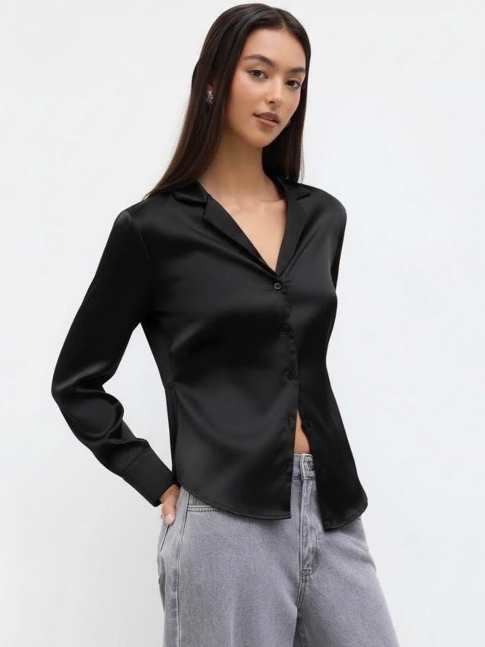 Cider Black SATIN COLLAR LONG SLEEVE CURVED HEM CINCHED WAIST SHIRT medium nwt